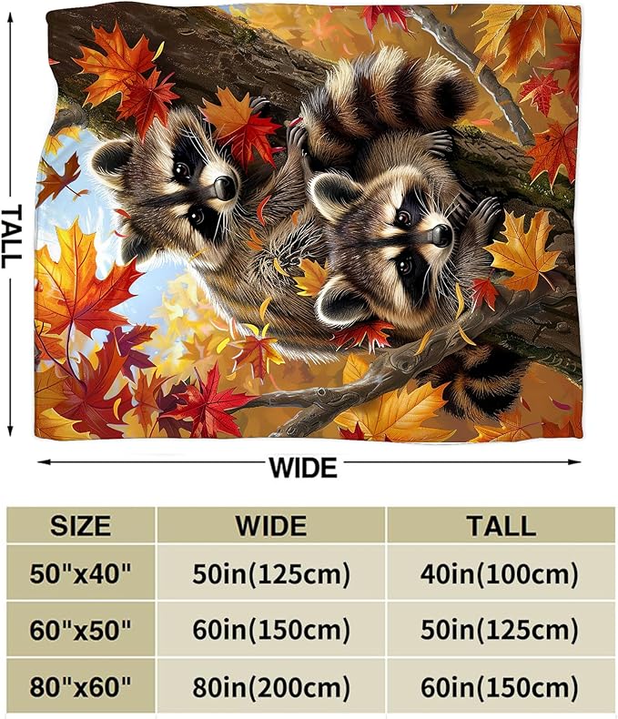 Raccoon Blanket Funny Raccoons Gifts for Girls Boys Woman Kids Raccoon Lover Maple Leaf Throw Blankets Soft Blanket Warm Fleece Flannel Plush Blankets for Bed Sofa Couch 50"x60"