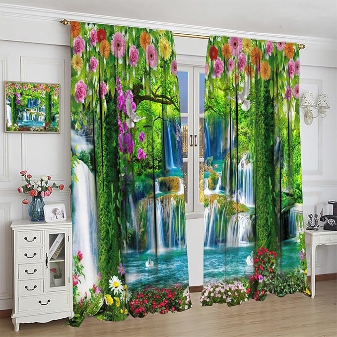Jungle Nature Blackout Window Curtains, Trees Scenic Waterfall and River Spring Pattern Print Window Drapes, for Living Room Bedroom 42x63in 2 Panels