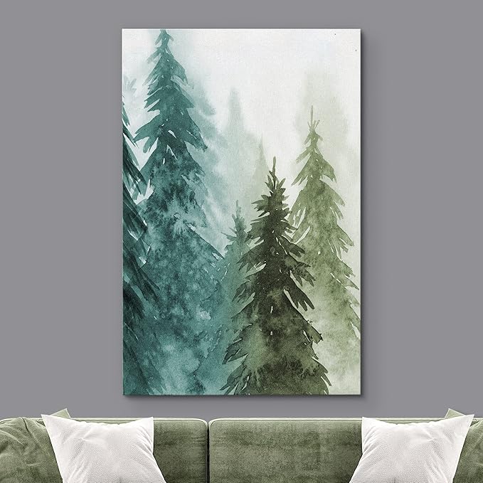 SIGNWIN Canvas Print Wall Art Woodland Nursery Decor Green & Teal Watercolor Forest Pine Trees Floral Nature Illustrations Modern Chic Dramatic Multicolor for Living Room, Bedroom, Office - 12"x18"
