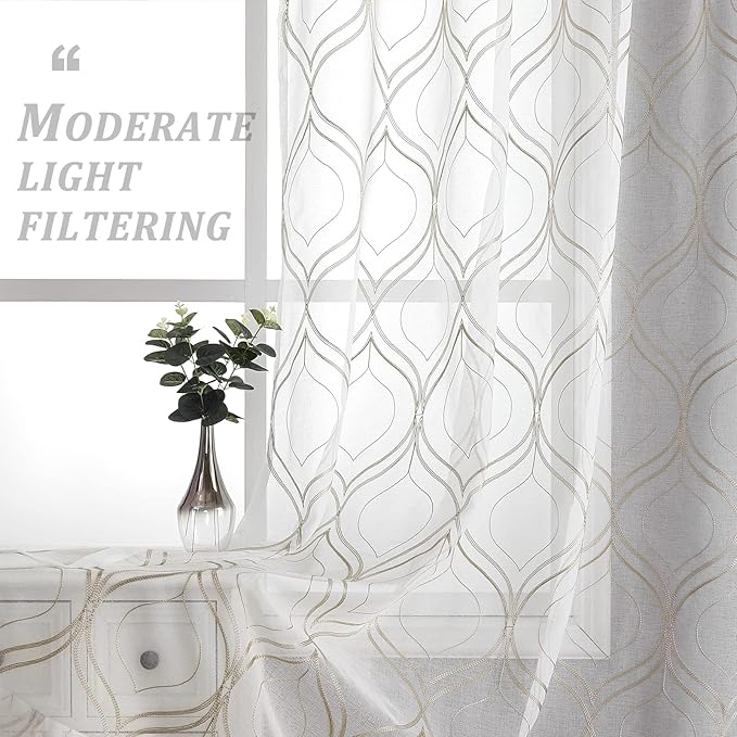 VISIONTEX White Sheer Curtains 84 Inches Long 2 Panels Set Brown Moroccan Embroidered Curtains Trellis French Textured Rod Pocket Voile Tulle Semi Window Drapes for Bedroom Living Room 54 x 84 Inches