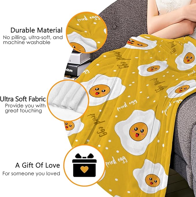 Thuswarm Cute Fried Eggs Kawaii Omelette Flannel Throw Blanket Warm Cozy Soft Cartoon Food Print Blankets for Bed Couch Sofa Room Decoration Gifts 120”×90” Extra Large for Family