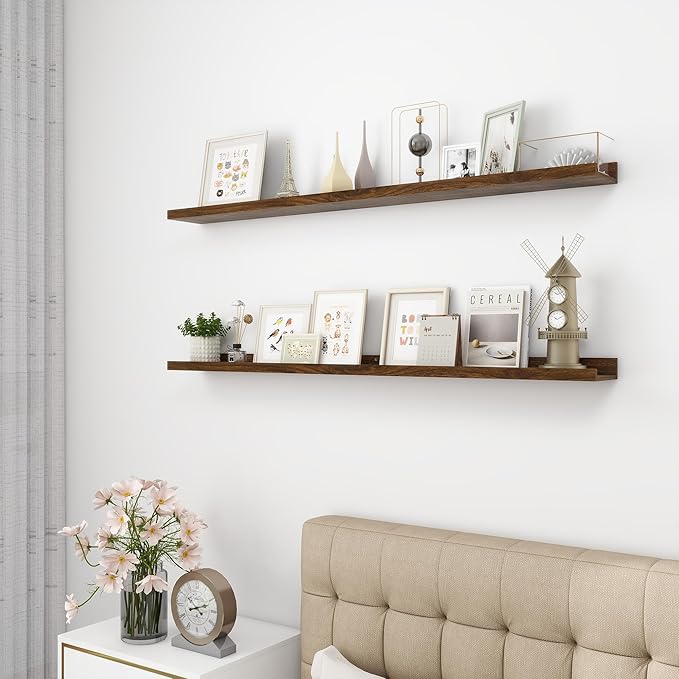 Picture Ledge Shelf, Wood Long Floating Shelves for Wall, Set of 2, 48 inch Picture Ledge Shelves, Photo Ledge Nursery Book Shelves Wall Mounted for Living Room Kids' Room Bedroom, Color Walnut