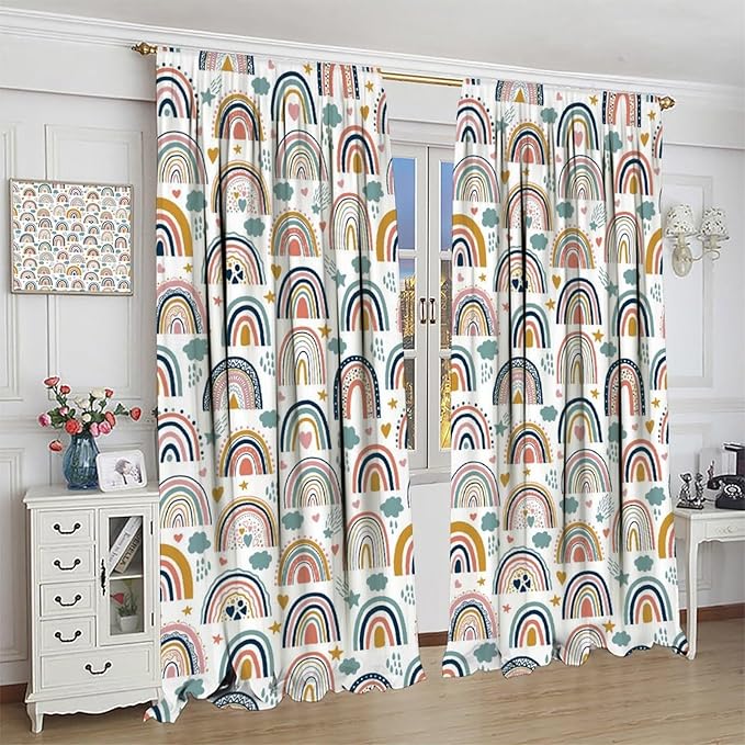 Kids Rainbow Curtains Boho Cartoon Colorful Stars Love Heart Lovely Abstract Art Pattern Print Window Drapes for Girl Bedroom Living Room Kitchen Decor,2 Panel Set,42Wx45H Inch Decor