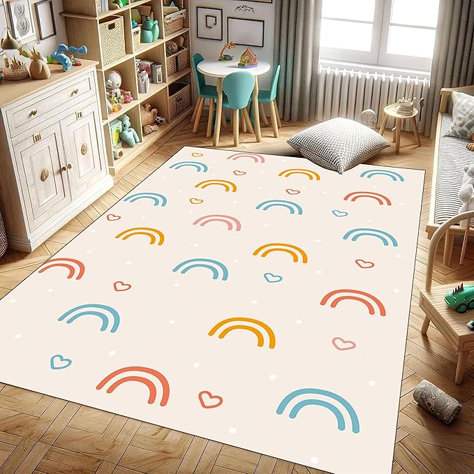 Children's Carpet Girl's Bedroom Rainbow Carpet Living Room Colorful Floor Mats Soft Washable Anti-Slip Carpet Simple Lovely Rainbow Love Print Children's Room Nursery Decoration 5x8ft