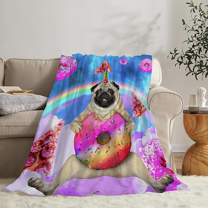 Pug Blanket Funny Pug Gifts for Girls Boys Woman Kids Doughnut Pizza Lover Dog Throw Blankets Soft Blanket Warm Fleece Flannel Plush Blankets for Bed Sofa Couch 60"x80"