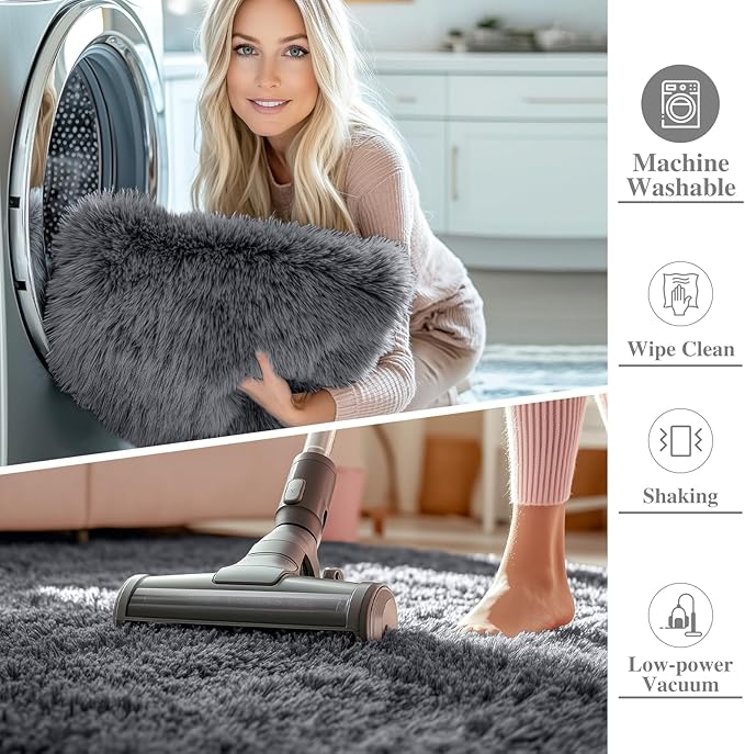 OLANLY Grey Round Rugs for Bedroom - Machine Washable, 7 ft Circle Area Rugs for Living Room, Soft and Fluffy Shaggy Carpet for Teen Girls and Boys, Nursery Rooms, Dorms, Home Decor Aesthetic