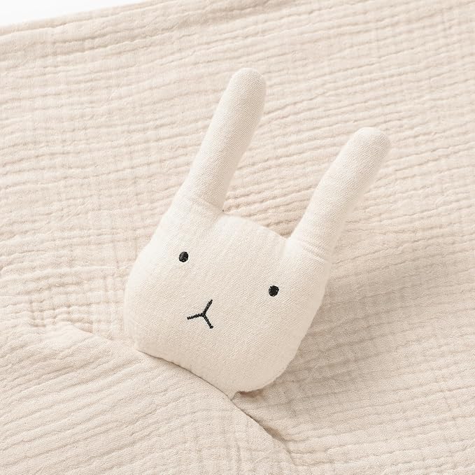 Organic Cotton Muslin Loveys for Babies,Security Blankets for Baby Lovey,Newborn Baby Gifts for Boys and Girls (bunny2-khaki)