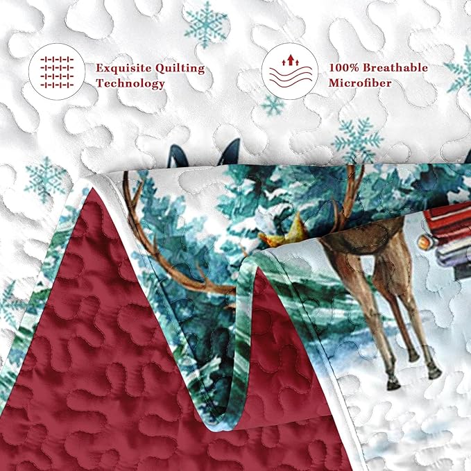 Christmas King Size Quilt Set, Red Vintage Truck Elk Lightweight Bedspread Coverlet with Pillow Shams for Kids and Adults, Winter Forest 3 Pcs Bedding Bed Cover