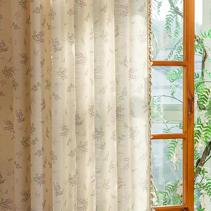 ENJOYBRIDAL Purple Floral 84 Inch Curtains for Living Room Decor Drapes Semi Sheer Bedroom Rod Pocket Tassel Window Curtains 2 Panels Aesthetic Farmhouse Cute Boho Window Treatments