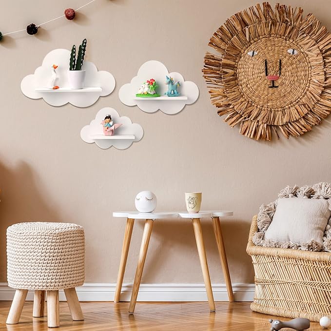 Tatuo 3 Pcs Floating Cloud Shelves for Wall White Wavy Small Floating Shelves for Bathroom Living Room Bedroom Corner Nursery Decor