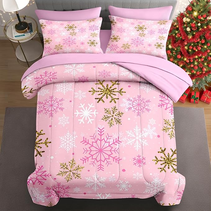 7 Pcs Full Size Christmas Comforter Set with 2 Pillowcases & 2 Shams, Pink Winter Snowflake Bedding for Kids and Adults, Funny Sparkle Farm Bed in a Bag with Flat Fitted Sheet