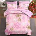 7 Pcs King Size Christmas Comforter Set with 2 Pillowcases & 2 Shams, Pink Winter Snowflake Bedding for Kids and Adults, Funny Sparkle Farm Bed in a Bag with Flat Fitted Sheet