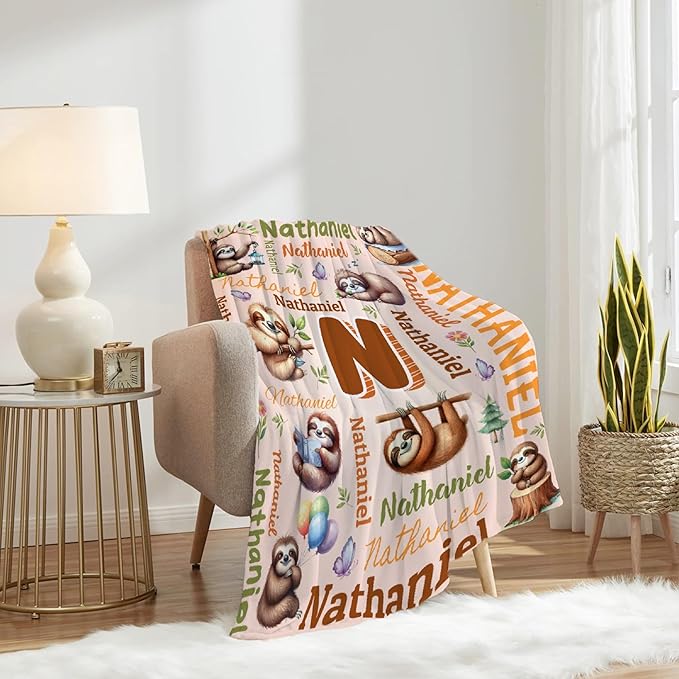 Personalized Custom Sloth Blanket Gifts for Kids Boys Girls with Name - Customized Sloth Super Soft Lightweight Flannel Sheets Decor for Crib Nap Couch - 60"x80" for Adult