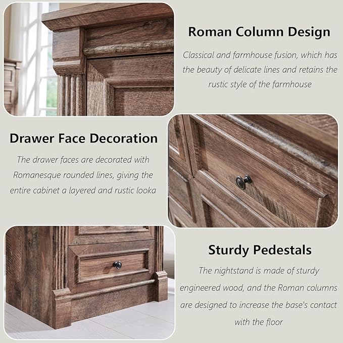 26" Tall Nightstand with Charging Station, Farmhouse 23.6" Wide Large End Table w/Roman Column, Wood Rustic Side Table w/Open Shelf, 2 Drawers Dresser for Bedroom, Living Room, Light Brown