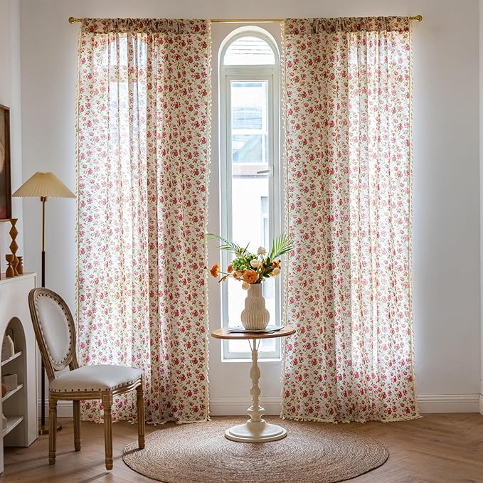 ENJOYBRIDAL Floral 96 Inch Curtains for Living Room Bedroom Drapes Farmhouse Vintage Semi Sheer Long Window Curtains 2 Panel Sets Boho Cute Rustic Dining Room Rod Pocket Window Treatments