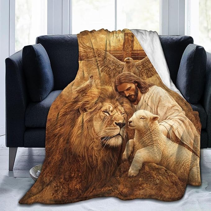 Jesus Blanket Lion Lamb Throws Christian Cross Print Plush Fuzzy Fleece Blankets Gifts for Girls Boys Women Super Soft Warm Cozy God Eagle Stuff for Men Women Couch Bed Sofa Bedding Decor 60"x50"