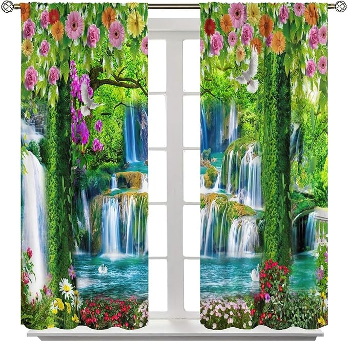 Jungle Nature Blackout Window Curtains, Trees Scenic Waterfall and River Spring Pattern Print Window Drapes, for Living Room Bedroom 42x54in 2 Panels