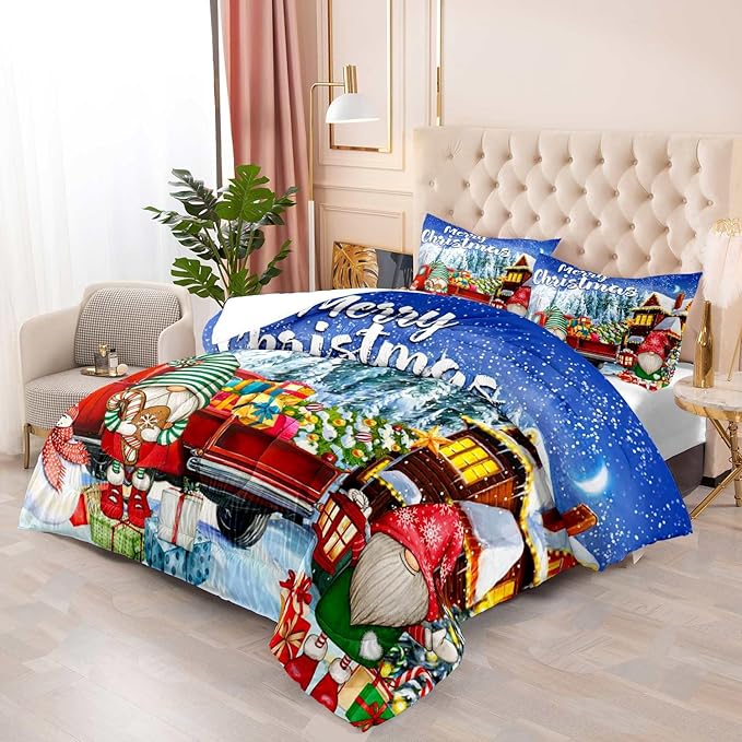 LUVIVIHOME 3PCS Merry Christmas Comforter Set Full Size, Teens Boys Girls Kids Bedding, Cute Snowman Gnome Red Truck Winter Snowflake Happy New Year Christmas Bedroom Decor, Xmas Gifts, 2 Pillow Shams