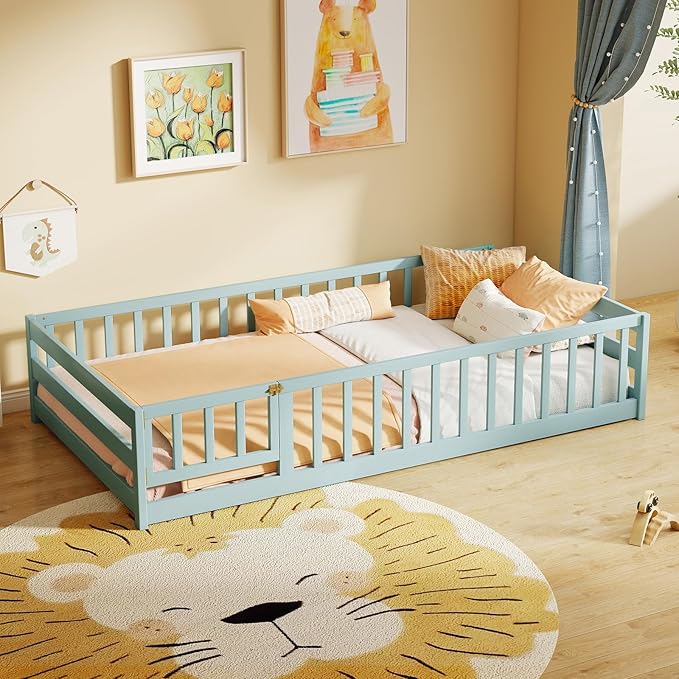 KOMFOTT Twin Size Wood Floor Bed with Door & Fence, Montessori Bed Frame with Full Length Safety Guardrails, Door & Latch, Wooden Montessori Floor Bed for Kids, Girls, Boys (Twin,Green)