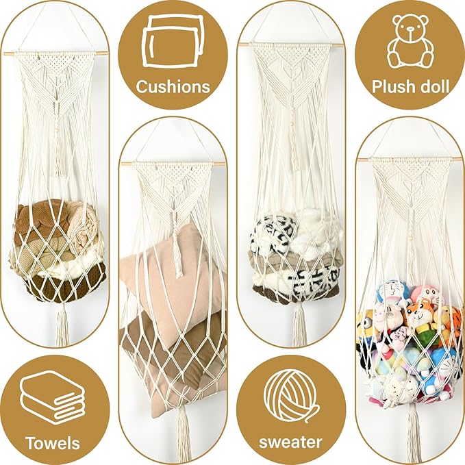 Stuffed Animal Storage, 5Ft Corner Hanging Stuffy Toy Hammock, Large Stuffed Animal Holder Organizer with Hooks, Macrame Plushie Net for Nursery Kids Playroom Bedroom Decoration (Cream)