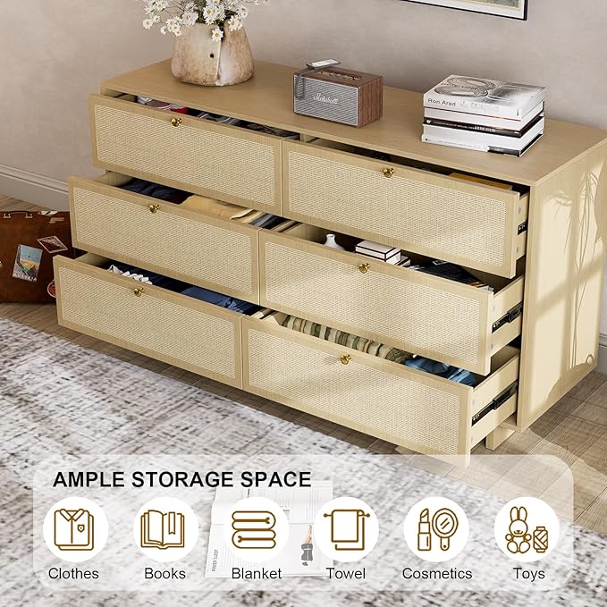 6 Drawer Dresser for Bedroom, 57in Wide Rattan Dresser, Boho Chest of Drawers, Wooden Chest with Clothes Storage Cabinet, Drawer Organizer for Bedroom, Living Room, Hallway, Natural Oak