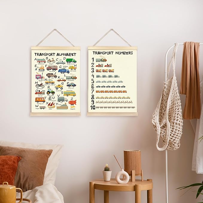 CGBHW Educational Transport Alphabet Numbers Poster Hanger Frame Set of 2 12x16, Vehicle Construction Learning Posters Wall Art Hanging Decor for Toddler Boy Kids Room Playroom Nursery