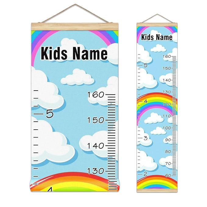 Personalized Kids Name Growth Chart Ruler for Wall Wood Frame Height Measure Chart 13.4x56 in Linen Hanging Height Growth Chart Colorful Rainbow Clouds Kids Room Decor