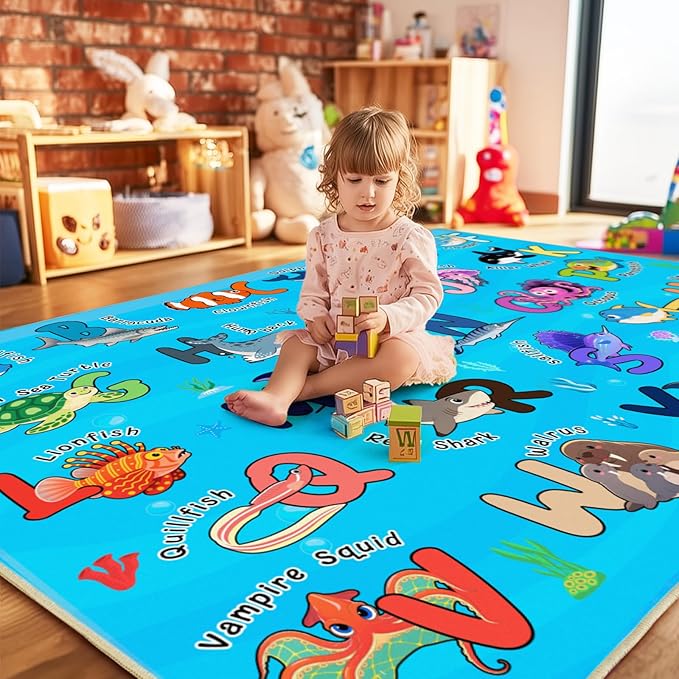 Kids Rugs for Playroom, 5x7 Feet Educational Rug for Learn The ABC Alphabet, Soft Machine Washable Non-Slip Cute Marine Organisms Carpet for Classroom Toddler Nursery Kids Room Decor, Blue