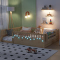 Montessori Floor Bed Full for Kids, Full Size Floor Bed with High Rails & Storage Shelf, Wood Baby Floor Beds with LED Light for Boys & Girls, Natural
