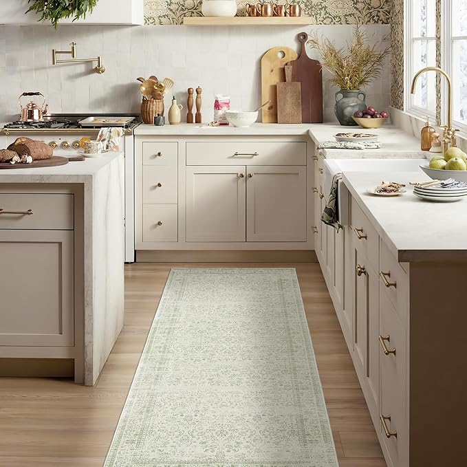 Sage Green Washable Bathroom Hallway Runner Rug Non Slip Vintage Boho Floral Long Runners Rugs for Entryway Indoor Laundry Room Bath Floor Kitchen,2x6
