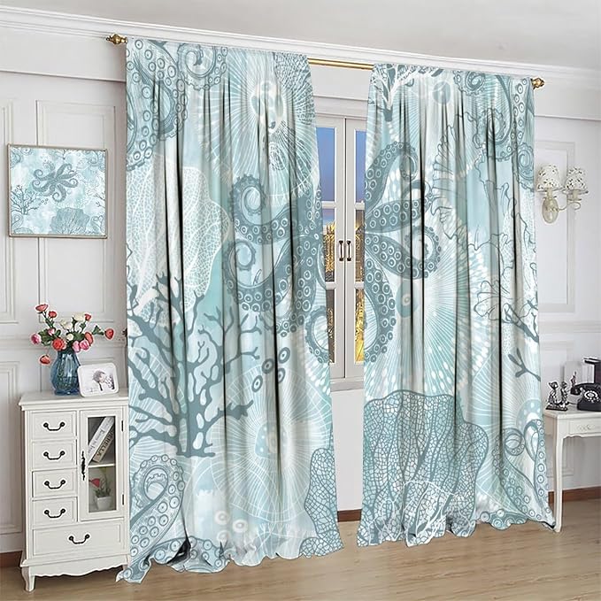 Coastal Window Curtains,Nautical Beach Themed Thermal Insulating Blackout Curtain for Living Room, Bedroom Set 2 Panels,63x72 Inches
