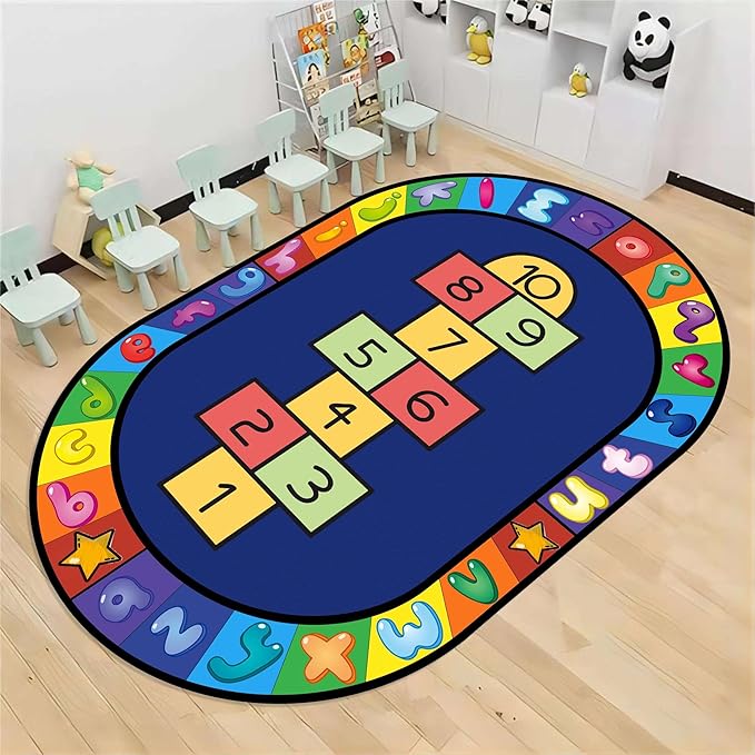 Hopscotch Rug, 3x5ft, Kids Play Oval Rug for Boys & Girls, Colorful Alphabets Educational Game Carpet, Soft Non-Slip Machine Washable Rug for Classroom Toddler Room