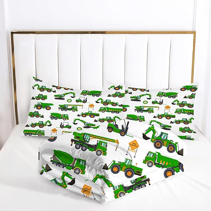 Comforter Set Green Tractor: Twin Size Cartoon Excavator Truck Car Bedding Sets for Boys Kids Teens Toddler Construction Vehicles Quilt Bed Set with 1 Comforter & 1 Pillow Case
