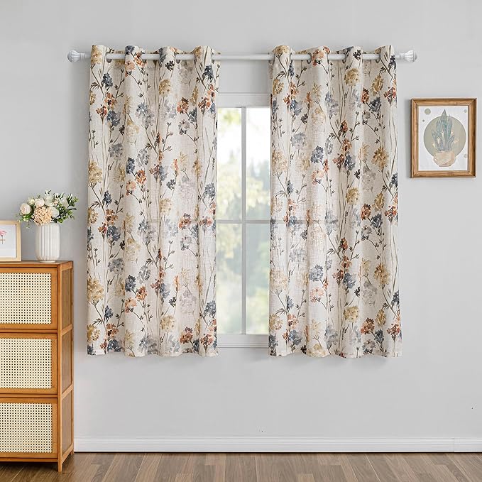 MYSKY HOME Floral Curtains 72 inch for Living Room Linen Semi Sheer Light Filtering Privacy Protect Lightweight Drapes Decor Farmhouse Soft Touch for Dining Room, Yellow, 52" Wide, 2 Panels