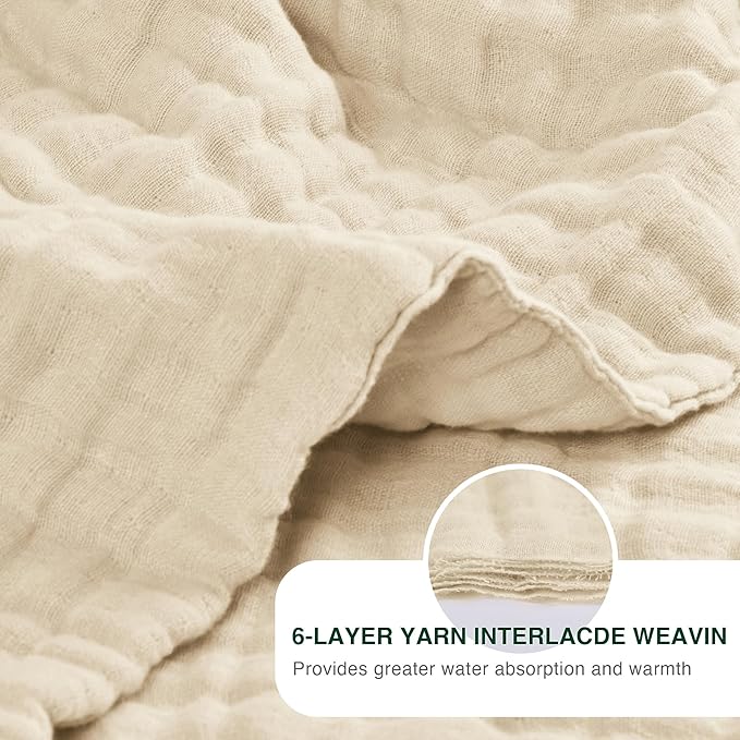 Love's cabin 6 Layer 100% Cotton Muslin Blanket, 108"x90" Muslin King Size Blanket for Bed Couch, Lightweight and Breathable Cotton Gauze for Adult, Beige