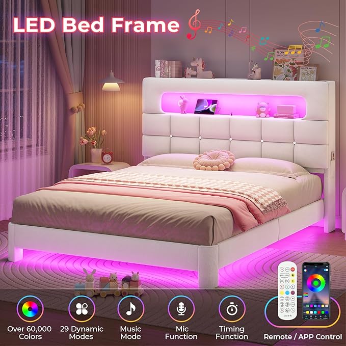MSmask Queen Upholstered LED Bed Frame with 2-Tier Storage Bookcase Headboard, Velvet Princess Bed with Crystal Button Tufted Headboard & Charging Station, Girls Platform Bed, Curved Legs, White