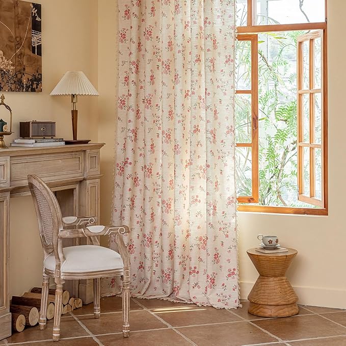 ENJOYBRIDAL Pink Floral Curtains 84 Inches Long 2 Panels Boho Tassel Drapes Farmhouse Bedroom Rod Pocket Semi Sheer Window Curtains Living Room Rustic Dining Room Aesthetic Decor Window Treatments