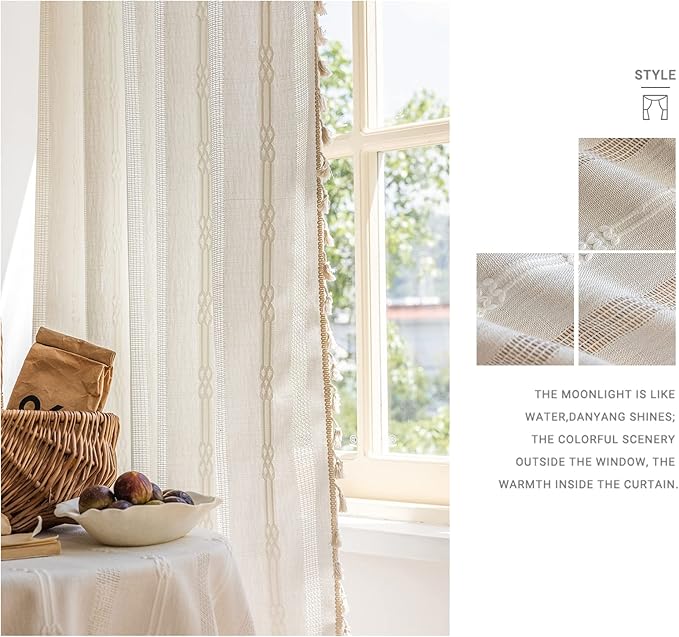 ENJOYBRIDAL Off White Curtains 96 Inch Length 2 Panels Boho Semi Sheer Drapes Cream Embroidered Tassel Rod Pocket Hollow Window Curtain Panels Farmhouse Window Treatment for Bedroom Living Room
