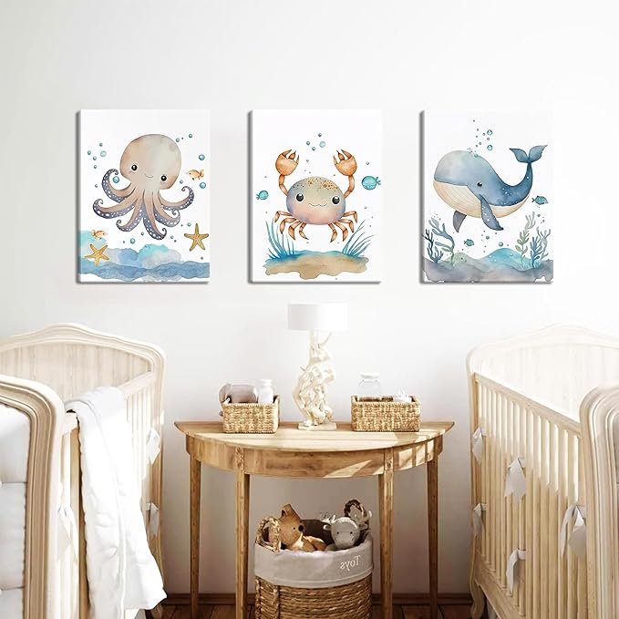 Ocean Nursery Wall Art Set of 3, Sea Animal Baby Boys Room Canvas Wall Decor Paintings, Watercolor Ocean Kids Nursery Posters Prints Pictures for Boys and Girls Room, Bedroom 12x16 Inch Framed