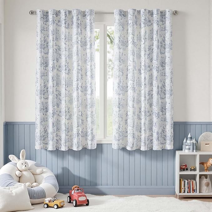 jinchan Linen Nursery Curtains 63 inch Long Woodland Wildlife Blue Print Drapes for Kid's Room Light Filtering French Country Farmhouse Curtains with Bunny and Forest Design Set of 2 Panels
