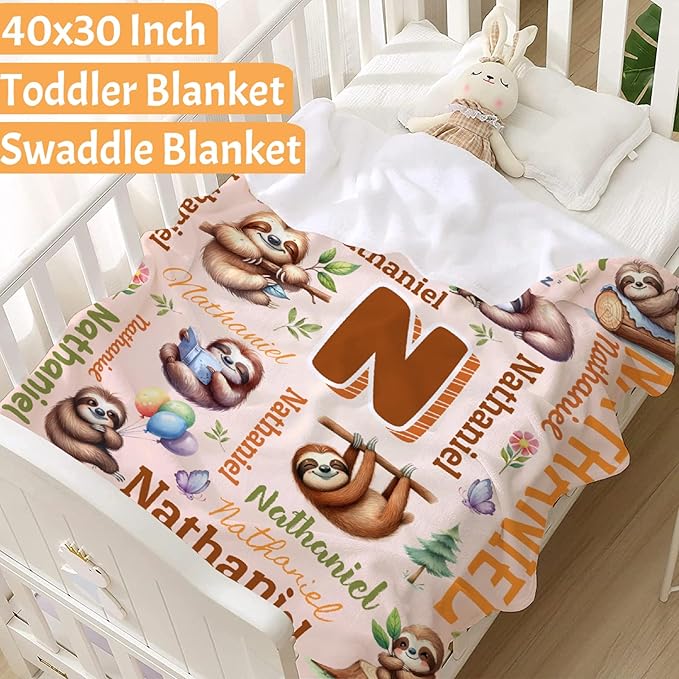 Personalized Custom Sloth Preschool Blanket Gifts for Baby Toddler Kids Boys Girls - Customized Sloth Super Soft Lightweight Flannel Sheets Decor for Crib Nap Couch - 30"x40" for Baby/Pets