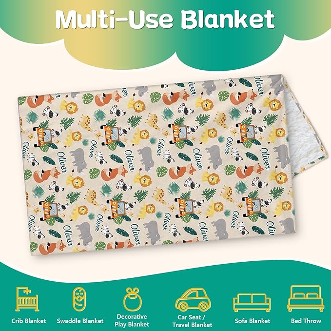 Custom Safari Animals Blanket Gift, Personalized Baby Blanket with Name, Soft Plush Flannel/Sherpa Fleece Throw Blankets for Toddler Kid Teen Boys Girls Color01