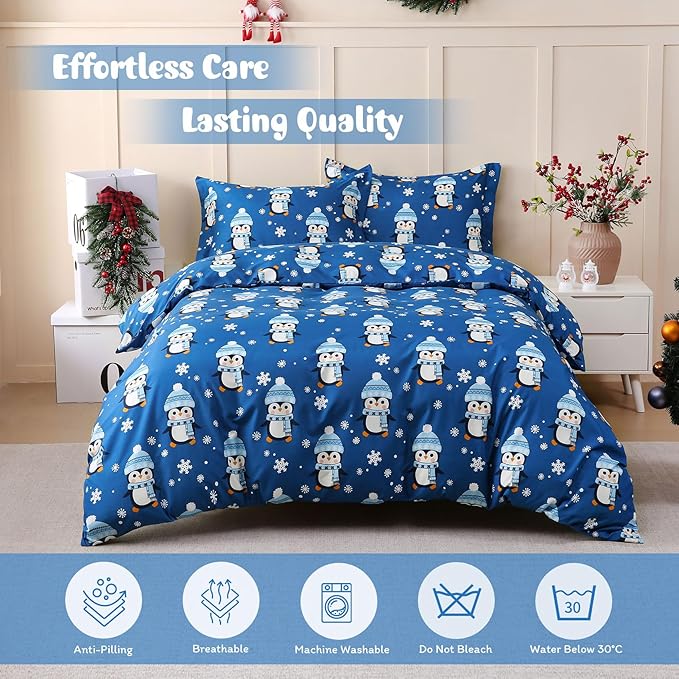 JSD Penguin Snowflakes Kids Christmas Duvet Cover Set Full Size, 3 Piece Xmas Comforter Cover with Pillow Sham Zipper Closure, Comforter Not Included