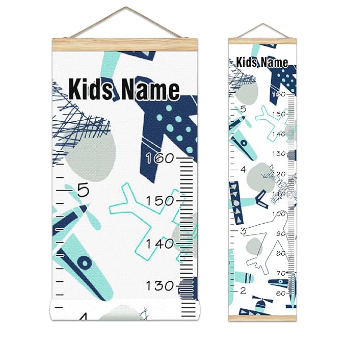 Personalized Kids Name Growth Chart Ruler for Wall Wood Frame Height Measure Chart 13.4x56 in Linen Hanging Height Growth Chart Airplane Collection Kids Room Decor