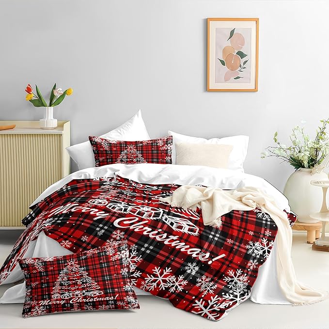 Christmas Duvet Cover Full Size Black Red Gingham Xmas Bedding Set Kids Boys Girls Christmas Tree Plaid Pattern Soft Comforter Cover 3 Pieces with Zipper Closure (No Comforter)