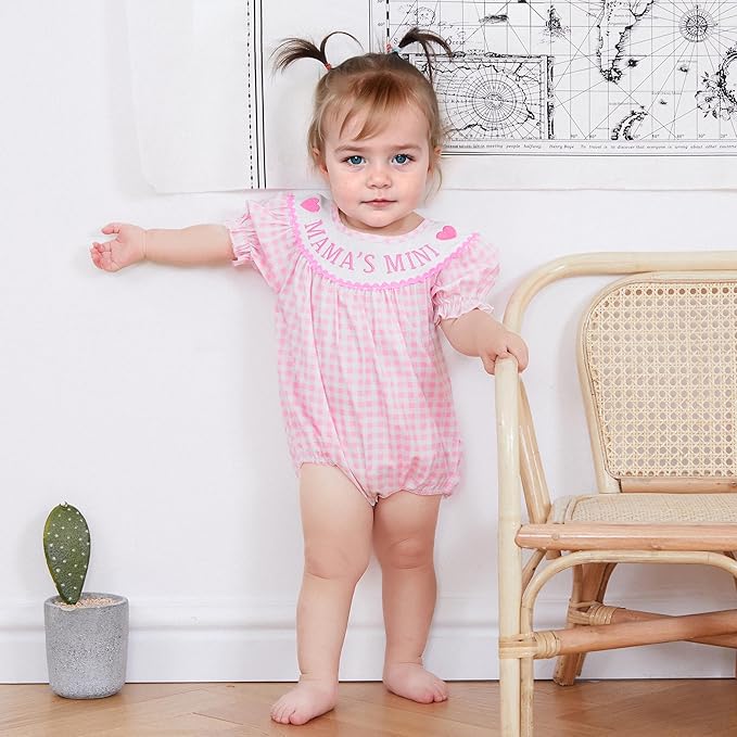 Newborn Baby Girl Romper Mamas Mini Bow Plaid Print Puff Sleeve Smocked Bubble Romper Jumpsuit Bodysuit Clothes