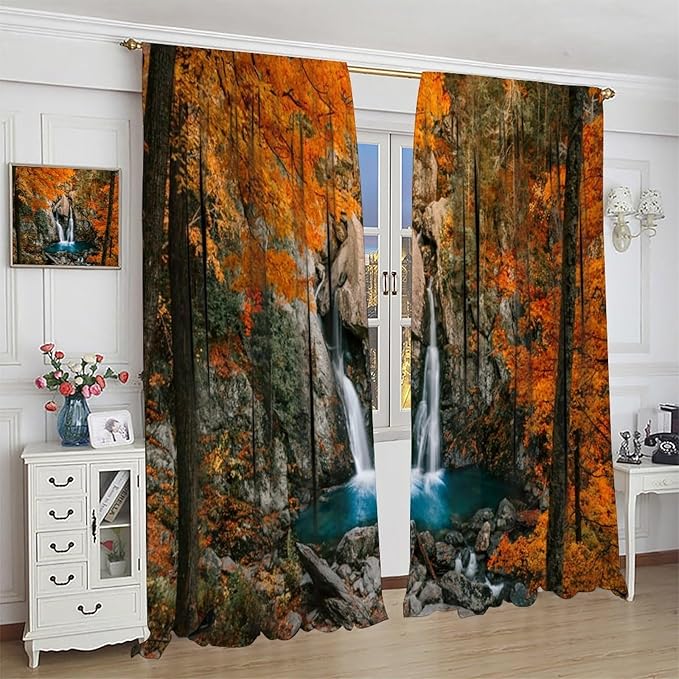 Autumn Waterfall Blackout Windows Curtains, Rustic Farmhouse Fall Forest Landscape Window Drapes, for Living Room Bedroom 72" W X 63" L