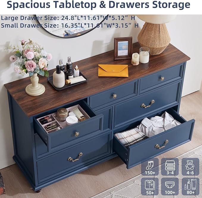 Farmhouse Dresser and Nightstand Sets, Wooden 7 Drawers Dresser & 24" Night Stand with 3 Drawers, 2 Piece Bedroom Furniture Set, Chest of Drawers for Bedroom, Home, Living Room, Hallway