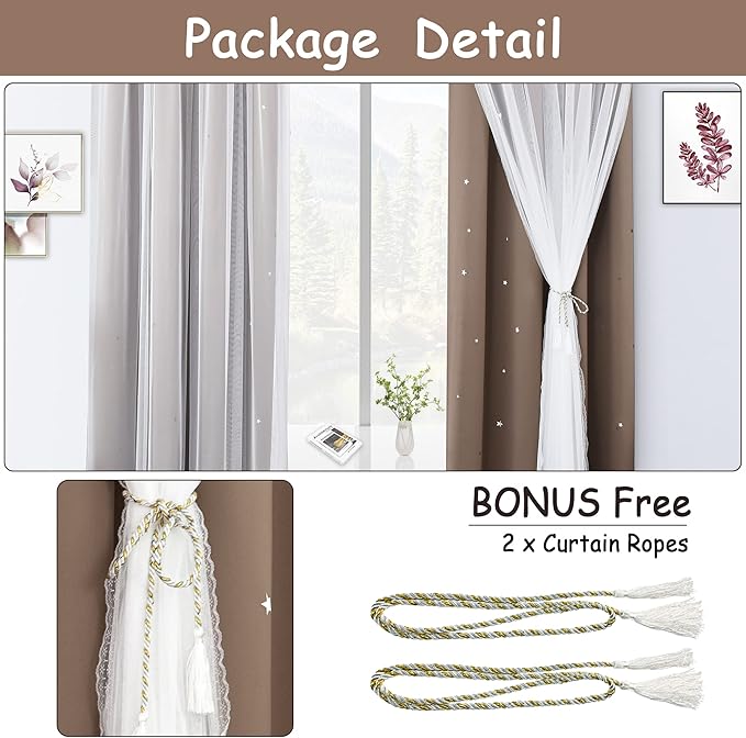 Kinryb Star Cutout Blackout Curtains Double Layer Curtains with Durable Sheer Curtains for Bedroom Thermal Insulated Window Treatment Set with 2 Free Tiebacks (52W x 72L 2 Panels Coffe)