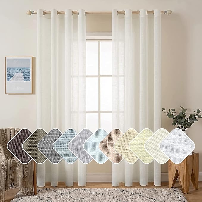 MIULEE 2 Panels Natural Linen Semi Sheer Window Curtains - Elegant Solid Ivory Drapes with Grommet Top - Voile Panels for Bedroom & Living Room (52X96 Inch)